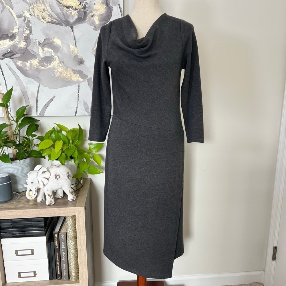 Lafayette 148 Charcoal Gray 100% Virgin Wool Cowl Neck Sheath Midi Dress Size 8